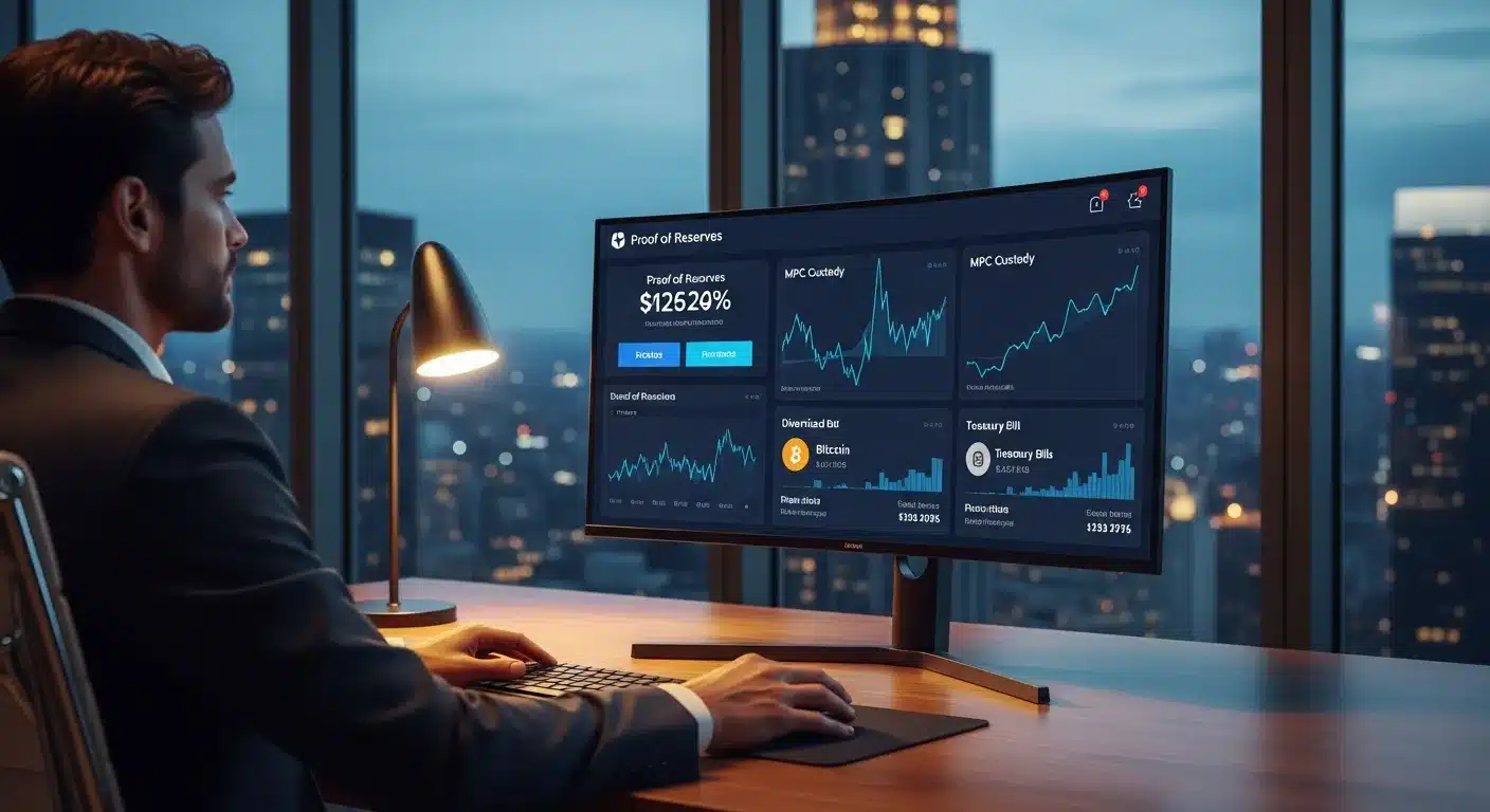 KryptoMoe – Crypto Presales and Price Predictions 1 a professional investor analyzing a sophisticated 2026 crypto exchange dashboard in a modern office